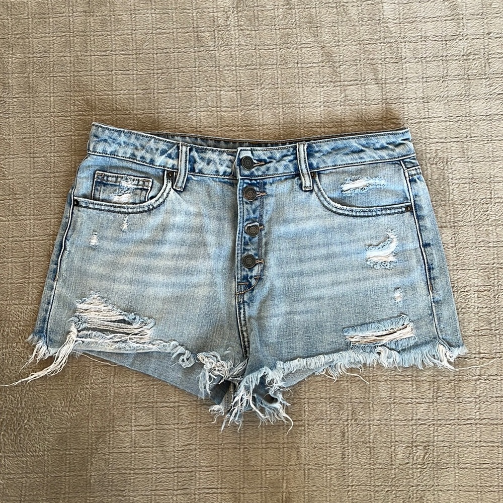 Button Fly Distressed Denim Shorts